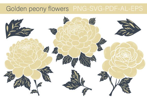 Golden Peony Flowers Clipart Sublimation