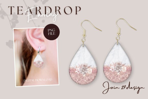 Rose Gold Floral GlitterTeardrop Earring